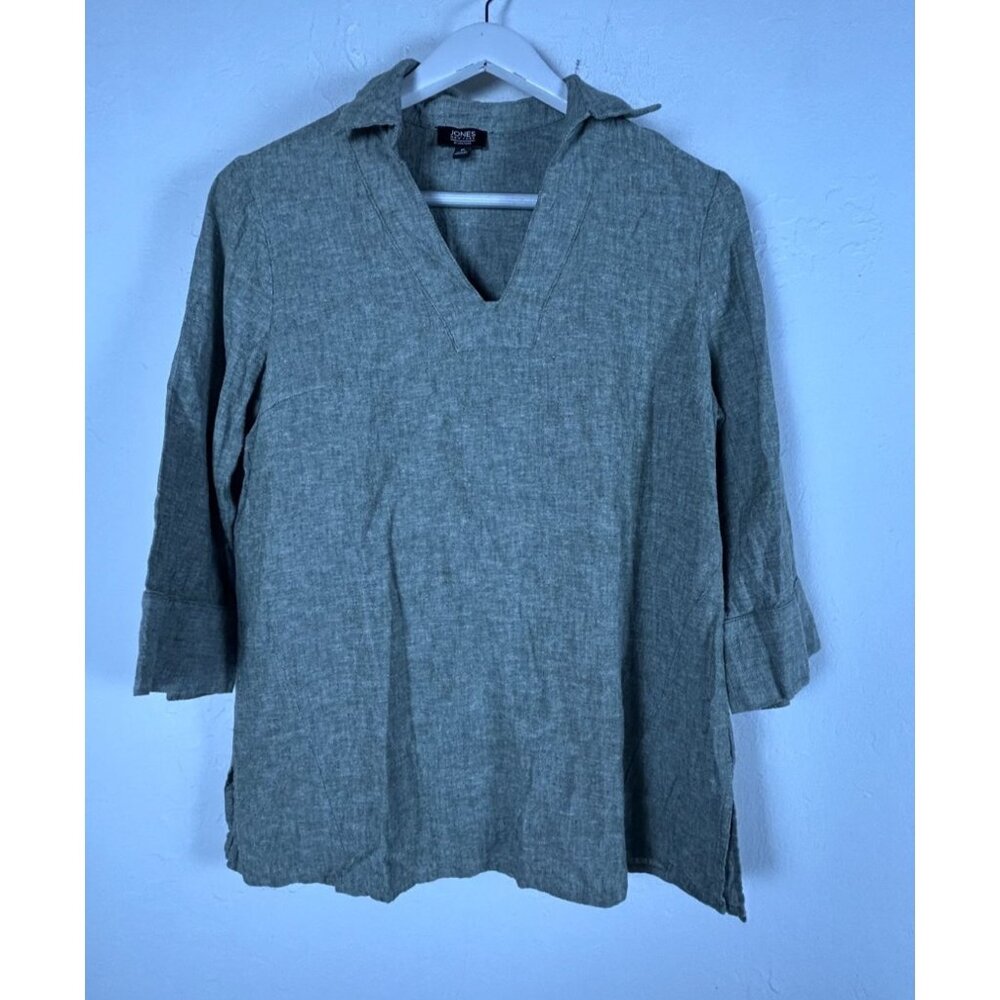 Jones New York Womens V-Neck 3/4 Sleeve Linen Blend Tunic Top Medium Gray Casual